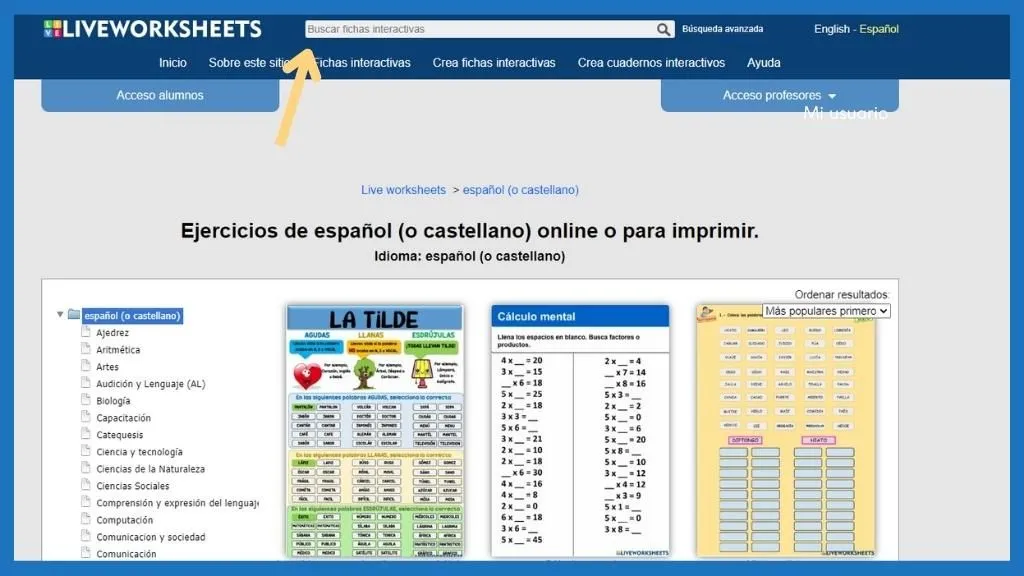 ¿Cómo buscar fichas en Liveworksheets? 7 Imagen con con una flecha de color amarillo que señala el buscador de fichas interactivas liveworksheets.