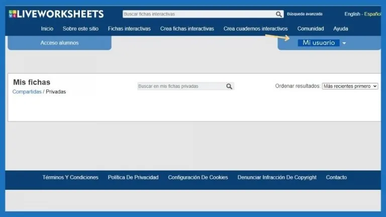 ¿Cómo buscar fichas en Liveworksheets? 5 Imagen con el paso 1 para buscar fichas interactivas liveworksheets en tus cuadernos.